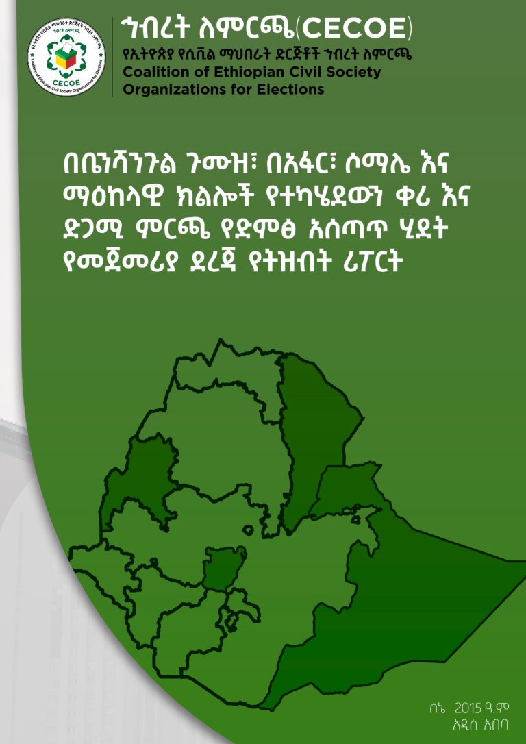 Cover of በቤንሻንጉል ጉሙዝ፣ በአፋር፣ ሶማሌ እና ማዕከላዊ ክልሎች የተካሄደውን ቀሪ እና ድጋሚ ምርጫ የድምፅ አሰጣጥ ሂደት የመጀመሪያ ደረጃ የትዝብት ሪፖርት